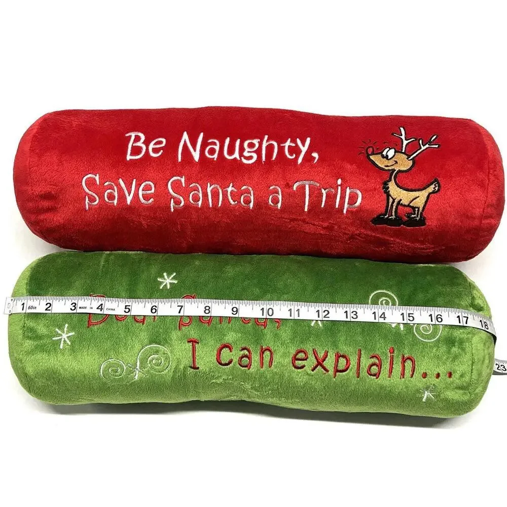 Lot Of 2 Christmas Decor Pillows Cylinder Shaped 17”x6” Y2K Naughty Dear Santa